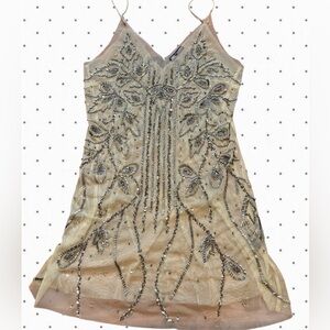 Vintage Zara Beaded Nude Mesh Slip Mini Dress with Sequin Floral Embellishment